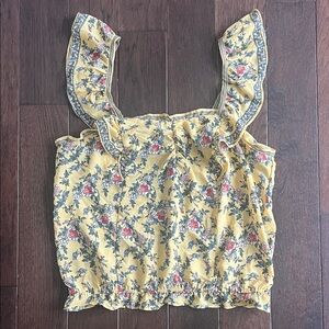 Max Studio Yellow Floral Ruffle-Strap Cropped Tank